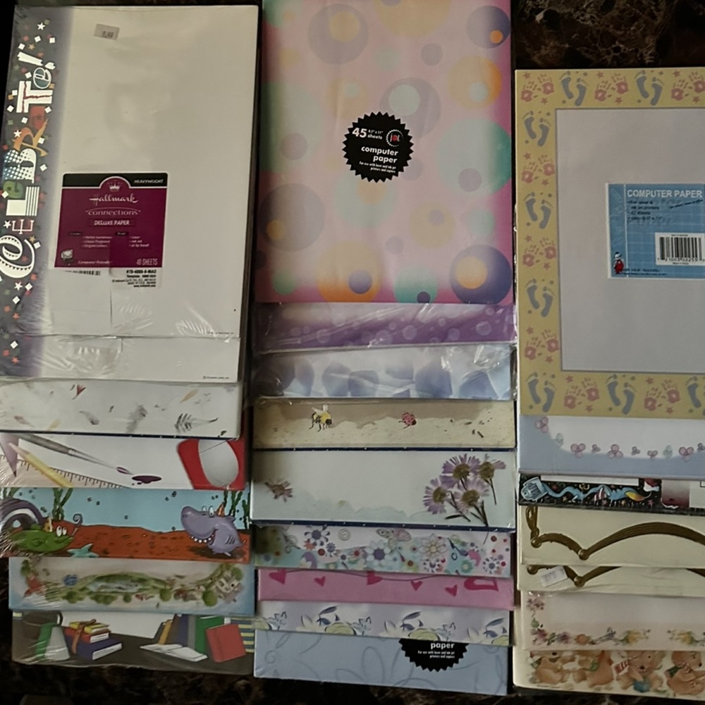 NEW 22 packs of computer paper  and 1 pack over the hill invitations